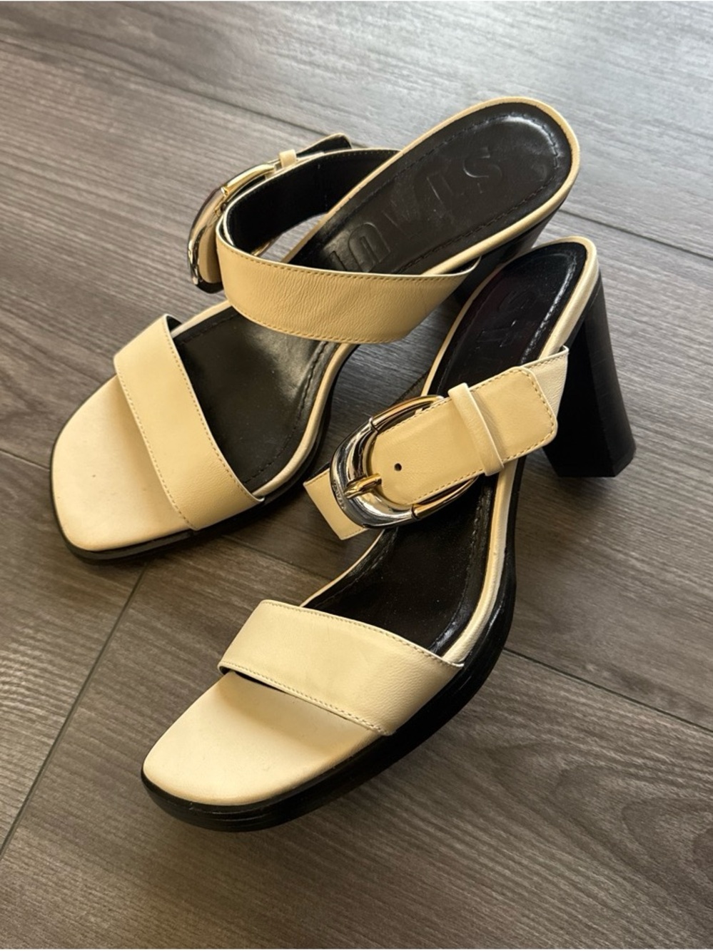 Cream Block-Heel Sandals with Buckle Strap